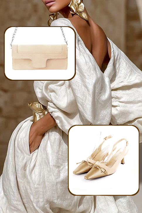 Dress slingback bow heels in gold and champagne white leather with medium spool heels and tapered toe - Top view